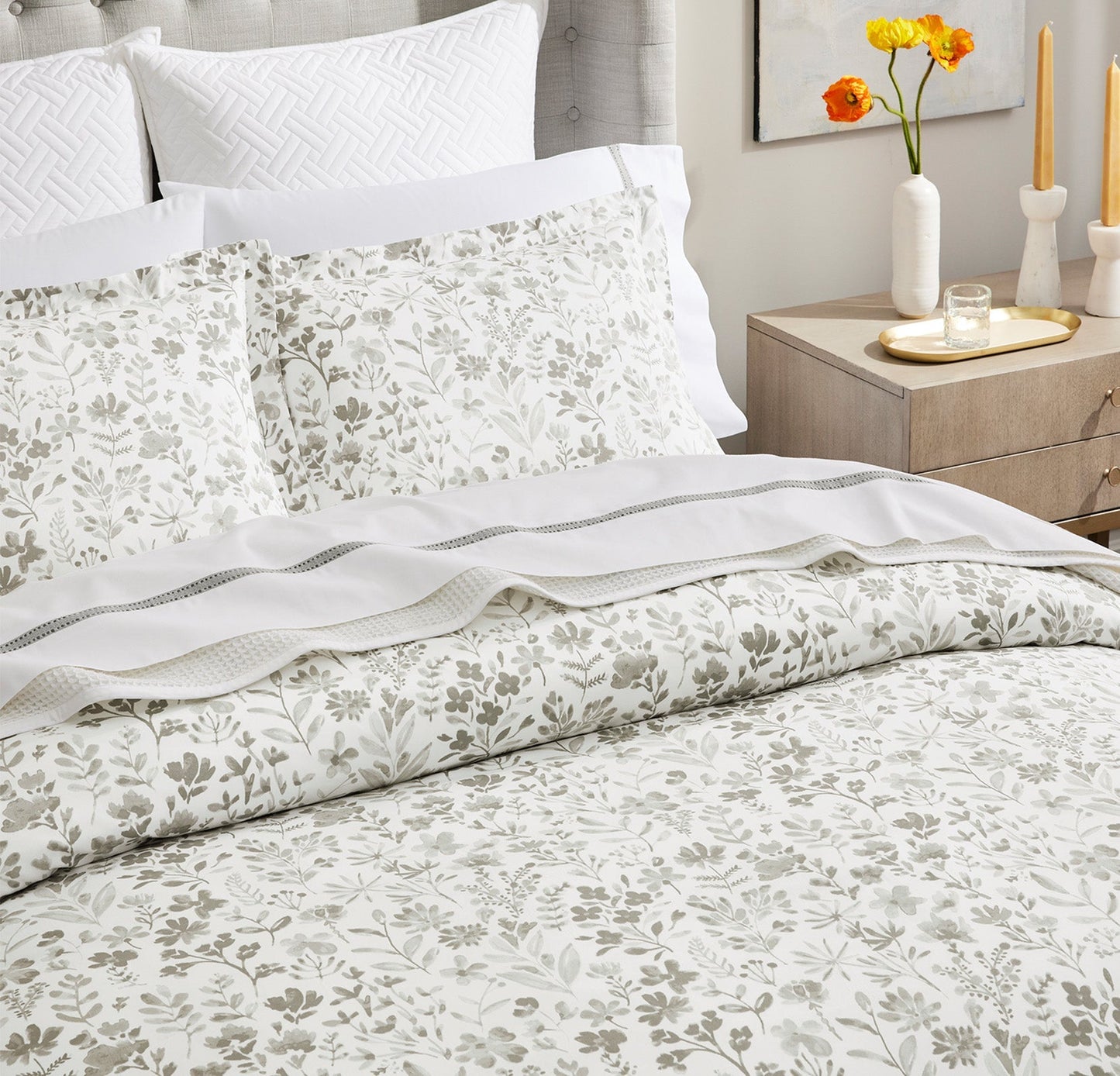 Signature Hemmed Duvet Set - Pewter Botanical