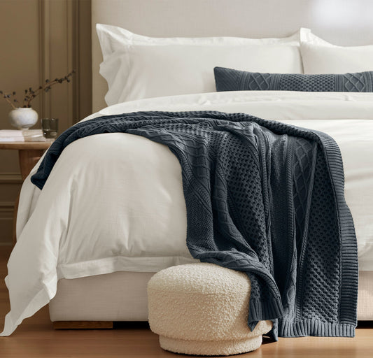 Aran Knit Throw Blanket - Deep Bluestone