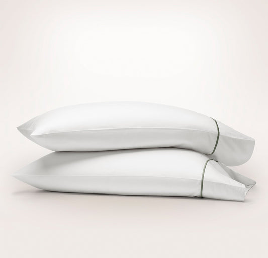 Signature Hemmed Pillowcase Set - White/Juniper Embroidered