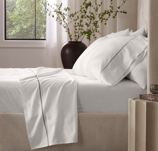 Signature Hemmed Pillowcase Set - White/Juniper Embroidered